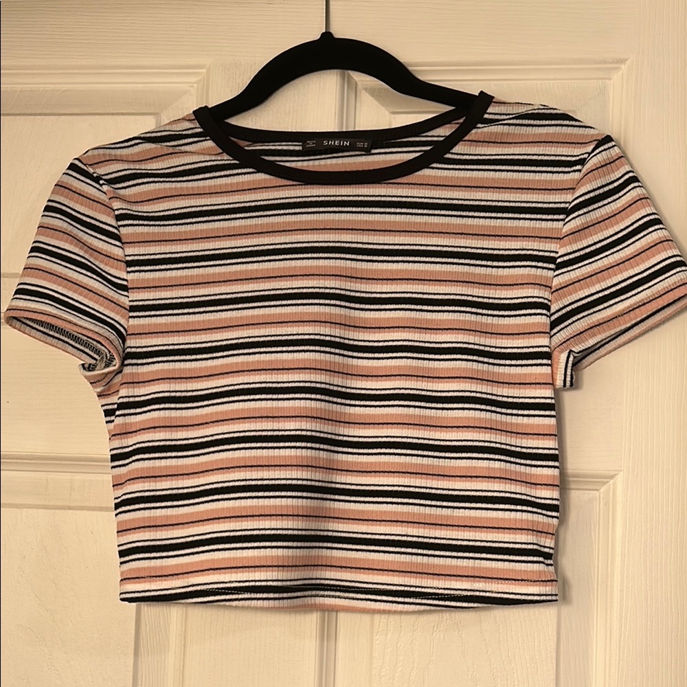 Shein Striped Women's Crop Top - Black, White, Pink